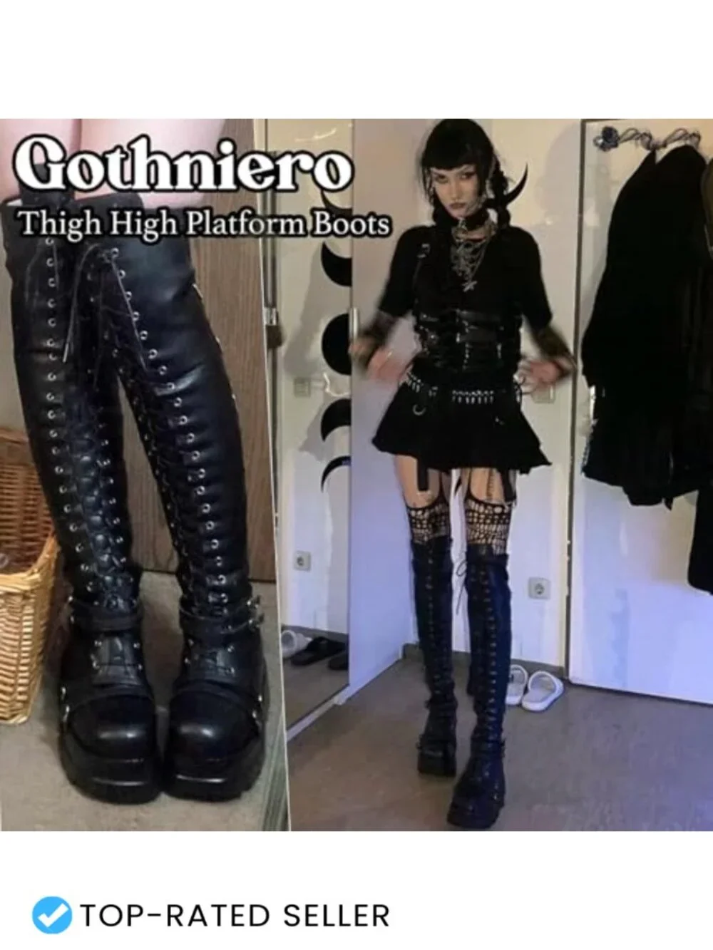 Over the Knee Platform Goth Boots Chunky Heel Faux Leather Lace Up Side Zip